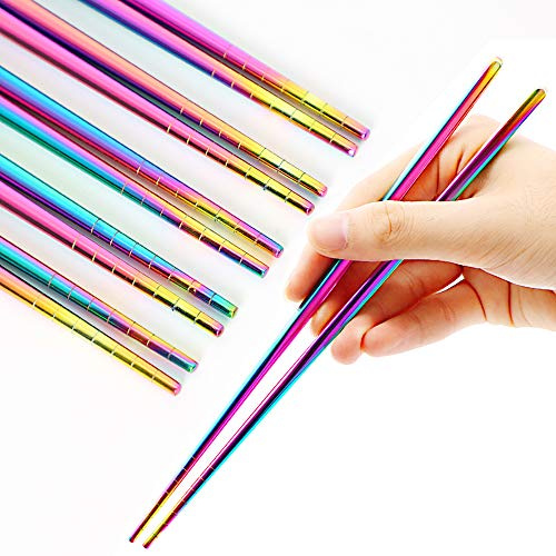 MUYOS Stainless Steel Chopsticks, 5 Pairs, Rainbow | Chopsticks Reusable for Daily Meals, Metal Chopsticks with a Hollow-Core Lightweight Design, Non-Slip Tips, Dishwasher Safe