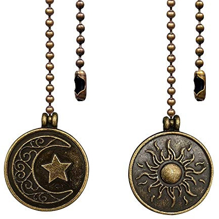 Dotlite Copper Ceiling Fan Pull Chain Set, Decorative Totem Fan Pull Chain Pendant Extension, 12 Inches Lighting & Fan Beaded Ball Chain Extender Ornament with Connector, Moon and Sun (2Pack)