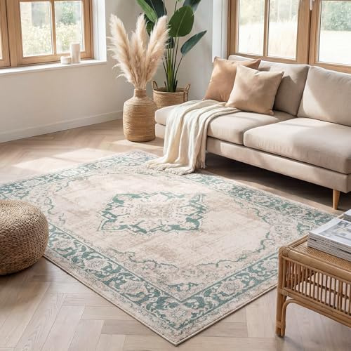 FRAAI | Home & Living Vintage Teppich - Spring Medaillon Creme Grün - 160x230 cm - Polypropylen - Kurzflor - Vintage - Boho, Orientalisch - Wohnzimmer, Esszimmer, Schlafzimmer