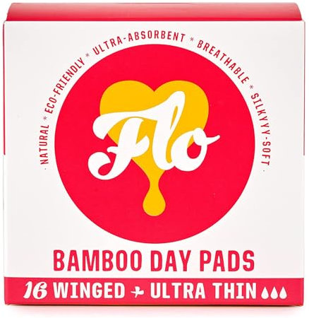 FLO Organic Bamboo Sanitary Towels with Wings – Ultra-Thin, Soft, Absorbent Period Pads for Leak-Proof Protection – 16 Day Pads