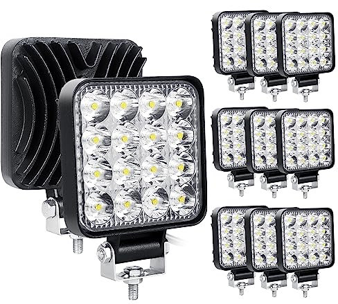 RIGIDON 10 Pcs Carré phare de travail led, 3.3 pouces mini 48W 12V 24V lampe de travail led, projecteurs lumière feux de travail pour offroad Voiture camions SUV 4x4 tracteur, feu antibrouillard