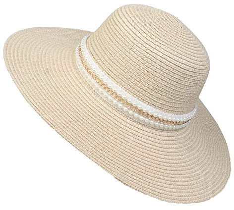 JK Home Sombrero de paja con banda de perlas para mujer, ala grande, plegable, gorra de playa, sombrero de sol UPF 50+, Fedora Trilby, beige, Talla única