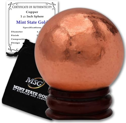 Kupferkugel-Briefbeschwerer mit Holzsockel | 38,1 mm - 0,3 kg 99,9% reine solide Kugel mit Echtheitszertifikat | Mit Echtheitszertifikat von Mint State Gold