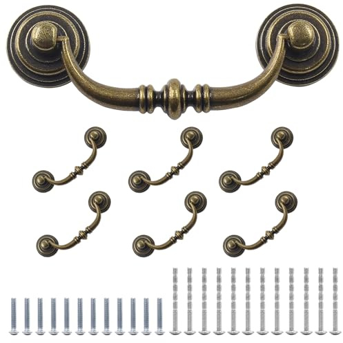 Waziaqoc 6PCS Antique Drop Bail Pulls, 3.5 Hole Center Shabby Chic Drawer Pulls Vintage Bronze Cabinet Pull Handles for Dresser Cupboard Wardrobe Kitchen Door