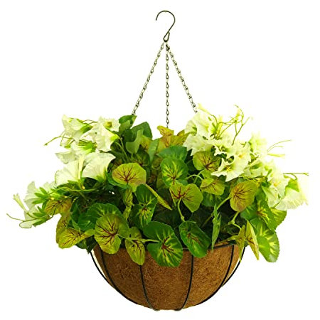 Big Basket Kunstblumen Niedlicher Urlaub Hochzeit Zuhause Salon Künstliche Begonien Blätter und Morgen Glory DIY Seide Dekoration Kette Hängekorb (Weiß, Grün)