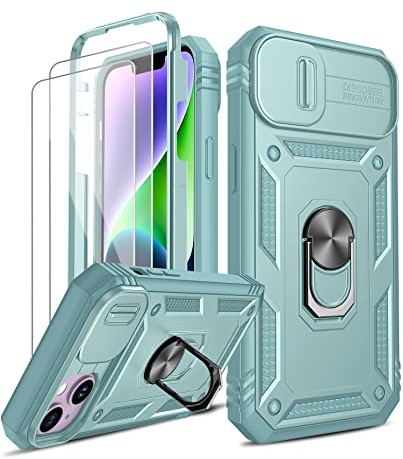 LeYi for iPhone 14 Plus 6.7'' Case Camera Cover Slider and 2 Tempered Glass Screen Protector, Ring Holder 360° Full Body Protective Shockproof Hard Armour Rugged Phone Case Cover Gray Green