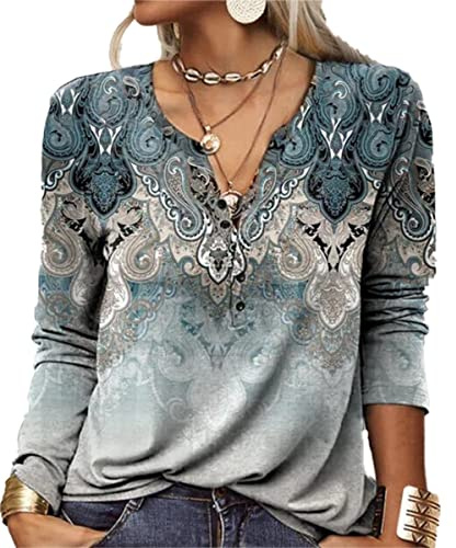 GRMLRPT Camicia Manica Lunga Maglia Donna Scollo a V T-Shirt Elegante Bluse Maglietta Donna Stampato Basic Tee Shirt(Blu-u,XXL)