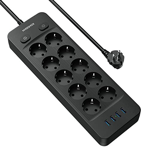 NVEESHOX Steckdosenleiste Einzeln Schaltbar, 10 Fach Mehrfachsteckdose mit 4 USB, überspannungsschutz, mit USB, 2M Kabel, Verteilersteckdose für Hause, Büro, Küche