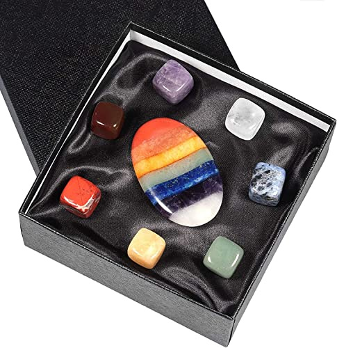 mookaitedecor 7 Chakra Daumen Natursteine Handschmeichler Steine Set | Oval Daumenstein Handschmeichler Stein & Mineralien Edelsteine Kombination für Angst Heilung Reiki Balancieren Dekoration