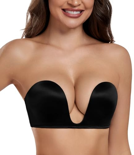 HACI Women's Plunge Deep U Strapless Bra Push Up Demi Seamless Underwire(Black,38D)