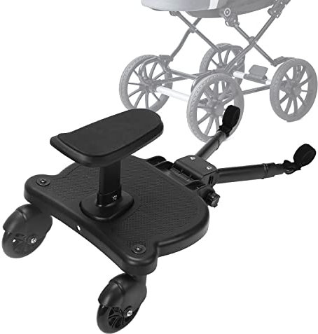 Gimisgu Buggy Board mit Sitz, Mitfahrbrett Trittbrett, Universal Stehbrett, 360°Zweirad Design, Kinderwagen Zubehör, mit Kinderwagensitz, passend für jeden Kinderwagen erhältlich(Schwarz)