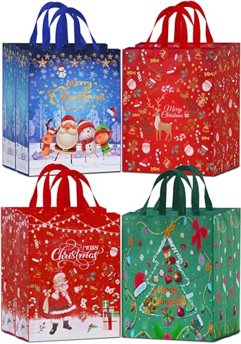 AhfuLife 8 Stück Geschenktüten Weihnachten Groß, 54x 41x 16cm, Non Woven Weihnachtstaschen Weihnachtstüten mit Griffen, Wiederverwendbare Weihnachtsgeschenktüten, Weihnachts Geschenktüten