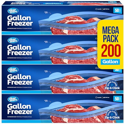 Gallon Freezer Bags, Double Zipper Seal - 200 Count, (4 Packs of 50) Thick Plastic Storage Bags - Reusable Gallon Storage Bags for Food Storage, Meat, Vegetables, Fruit, BPA Free