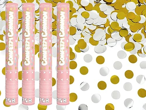 Lot de 4 canons à confettis pour fête, mariage, anniversaire, fête prénatale | Tireur à confettis 40 cm (cercles dorés - argentés)