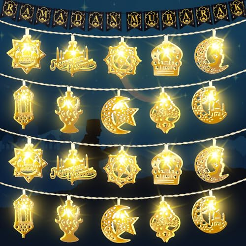 FFZZKJ Ramadan Lichterkette 3M 20LED Ramadan Eid Mubarak Dekoration Banner Batteriebetrieben Stern Mond Lichterkette für Muslim Heim Dekoration Party Zubehör, Golden