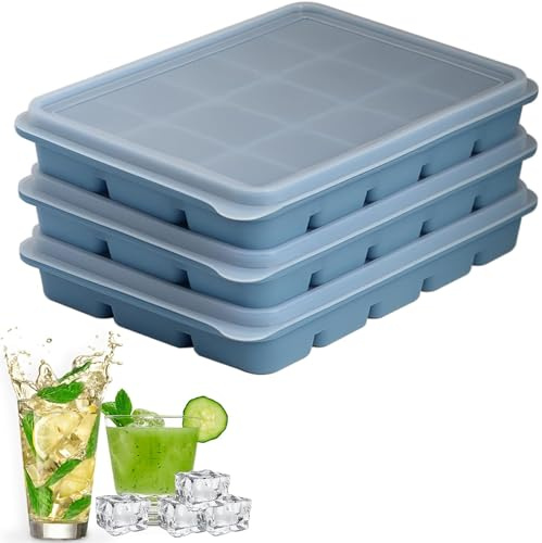 Eiswürfelform, Silikon Eiswürfelform mit Deckel, 3 Stück 45 Fach Silikon Eiswürfelschale, für Cocktails Whisky Wein Obst Fruchtpürees Eiscreme Eistee (Blau*3)