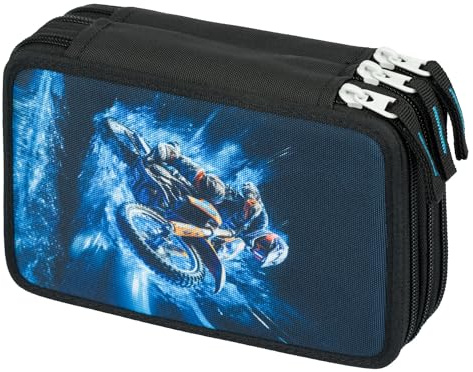 Baagl 3 Fach Federmäppchen für Jungen Mädchen, Schulmäppchen für Schreibwaren, Schulsachen Federtasche, Jungen Federmappe, Mäppchen für Schule (Motorrad)