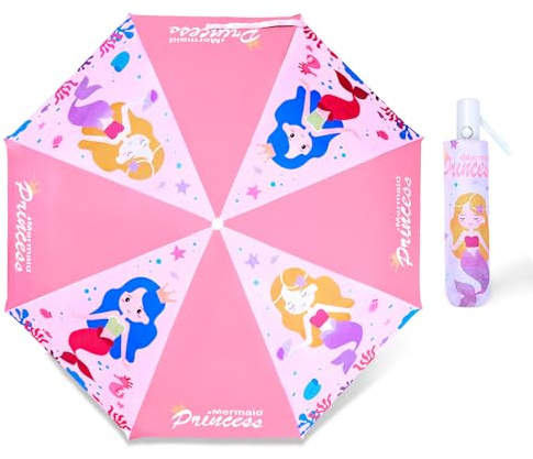Kids Folding Umbrella Auto Open/Close Anti-rebound Safe Design UV Resistant Automatic Children Travel Umbrellas 8 Rib Reinforced Canopy 360° Reflective Strip Lightweight Cute Umbrella for Girls & Boys
