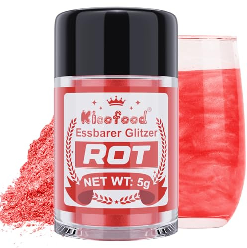 Essbarer Glitzer - Kicofood 5g Glitzer für Getränke, Essbares Glitzerpulver, Lebensmittelfarbe Glitzer, Lebensmittelfarben Glitter für Buttercreme, Fondant, Kuchendekoration (Rot)