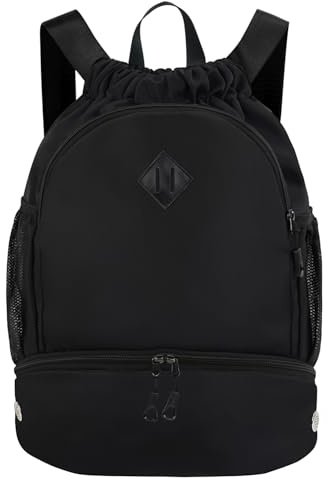 RHDZO Drawstring Backpack Gym Backpack with Shoe Compartment for Men Women String Sports Bag with Wet Pocket Cinch Swim Beach Bag, Large Black
