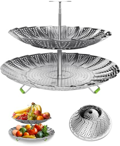 LANVIYA 2-Layer Vegetable Steamer Basket for Pot,premium stainless steel steamer basket, Separable double-layer stainless steel basket Fits Various Size Pot(Upper layer 5.4 - 9.2 inches, Lower layer 6.5 - 11 inches)