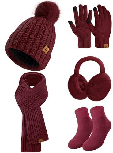heekpek Mütze Schal Handschuhe Ohrenschützer und Socken Set Damen 5 Stücke Warme Wintermütze Winterschal Strick Winterzubehör Winterset 5 in 1, Weinrot