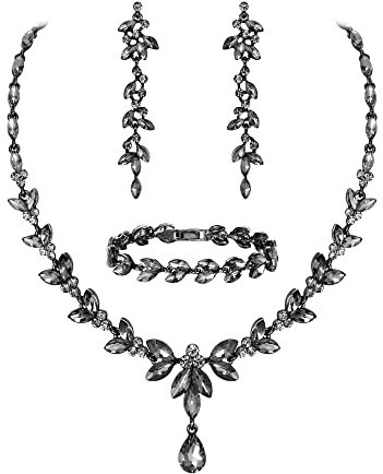 EVER FAITH Schmuckset Österreichisches Kristall Braut Schmuck-Set, elegante Marquise Strass Blatt Halskette mit baumelnden Ohrringen Tennis-Armband-Set, Grau