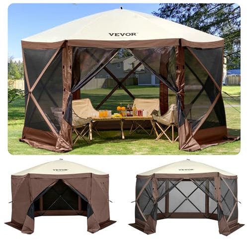 VEVOR Pop Up Gazebo Tent, Pop-Up Screen Tent 6 Sided Canopy Sun Shelter with 6 Removable Privacy Wind Cloths & Mesh Windows, 11.5x11.5FT Quick Set Screen Tent with Mosquito Netting, Brown
