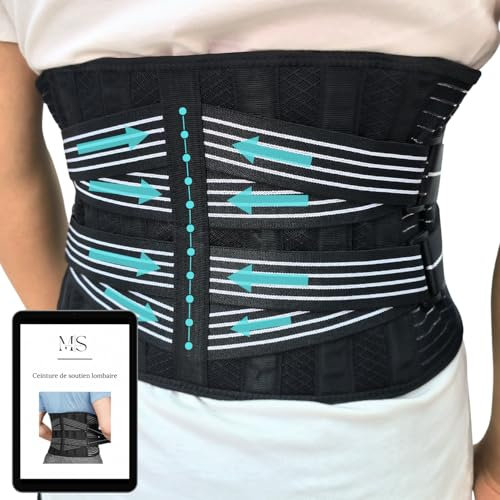 Cinturón lumbar ajustable para hombre y mujer para aliviar la espalda | Ideal para trabajo o deporte | 4 resortes, talla S a XL | Perfecto para ciática Lumbago Postura