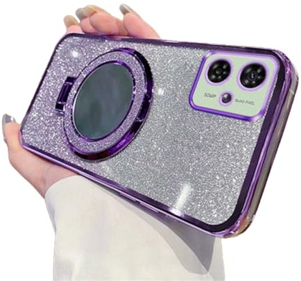 IMEIKONST for Motorola Moto G54 5G Case Gradient Glitter Purple DSJ | Makeup Mirror Ring Stand Function, Full Camera Protector, Soft Silicone Shockproof, Plated Transparent Cover for Girl Women