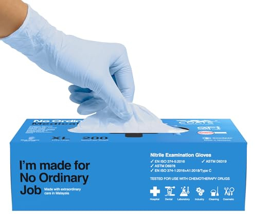 No Ordinary Nitrile Gloves, X-Large, 200 Pack, Powder-Free, with Colloidal Oatmeal Skin protectant for Eczema or Dry sensitive Skin, Chemo Drug Tested, For extended use, Latex-Free, Medical grade