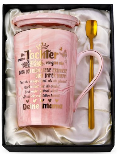 ALBISS Mutter Tochter Geschenk für Beste Tochter mit 400ml Schöne Tasse | 400ml rosa Keramiktasse mit elegantem Goldaufdruck. Liebevolles Geschenk von Mama oder Papa für Geburtstag, Weihnachten