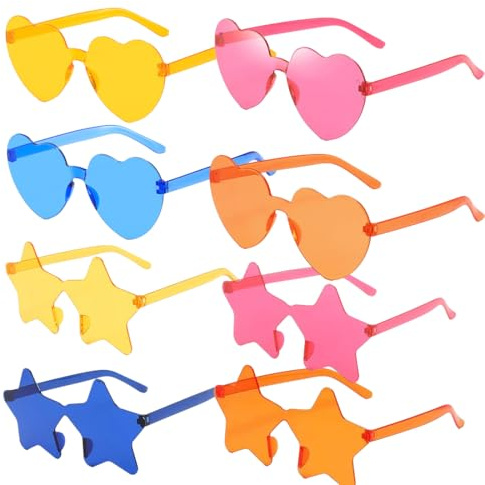 QOCUILC 8 Paia di Occhiali da Sole a Forma di Cuore Colorati, Occhiali da Sole Montatura a Forma di Cuore e Stella, Accessori Colorati per Carnevale,Compleanni e Bambini