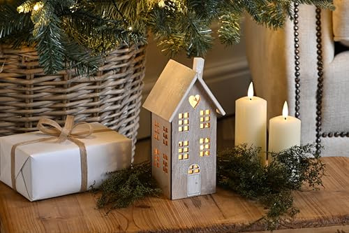 Festive Productions 20cm Battery Operated Light Up Wooden White Nordic House with Heart Detail Tabletop Decoration - Christmas Decoration For Home - Gift Idea for Christmas - Festive Décor