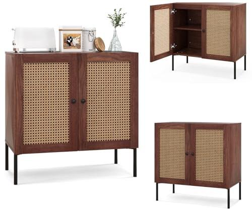 KOMFOTTEU Skänk med 2 dörrar av rotting, bufféskåp, träbyrå, sidoskåp med justerbart hyllplan, köksskåp, stående skåp, 80 x 40 x 80 cm (valnöt)