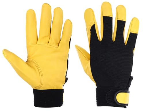 sourcing map Goatskin Leather Work Gloves with Hook and Loop, Breathable Driver Gloves Garden Glove for Driving, Gardening, Welding, Construction, Yellow, XL, Pair of 2