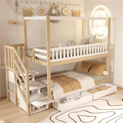 Litera 90x200 Forma de casa Cama Alta barandillas Seguridad con Compartimentos Almacenamiento y Escalera de Seguridad Cuna Adolescentes Cama Doble Madera Maciza Cama Familiar Color Madera con cajón