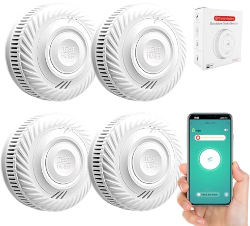 Intelligenter Rauchmelder Feueralarm, Rauchmelder mit fortschrittlichem fotoelektrischem Sensor, App-fähiger Feueralarm mit 10 Jahren Lebensdauer-Batterie, 85dB Alarm mit LED-Warnlichtanzeige. 4Pack