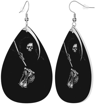 Damen Leder Wassertropfen Ohrringe Tropfenform baumeln Ohrring Dunkle Sensenmann Sichel Horror Tod Schmuck Geschenk für Partys Feiertage, Einheitsgröße, Leder