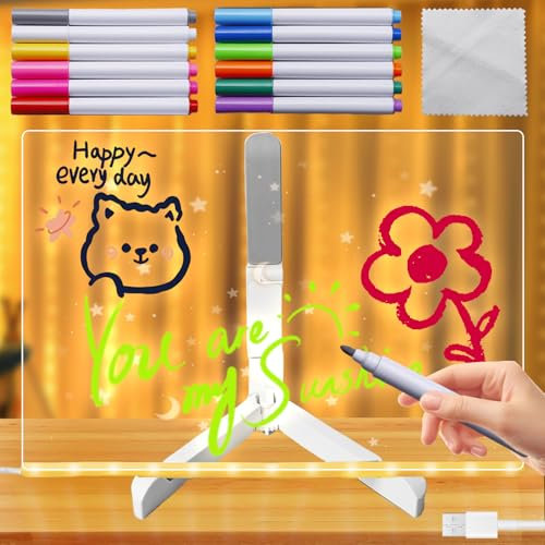 LED Notiztafel mit Farben, 30x20cm Acryl Notiztafel mit 12 Farben Stift, Maltafel Kinder mit LED-Leuchten Transparente Leuchtende Schreibtafel Mit Verstellbarem Ständer leuchtende Nachrichtentafel