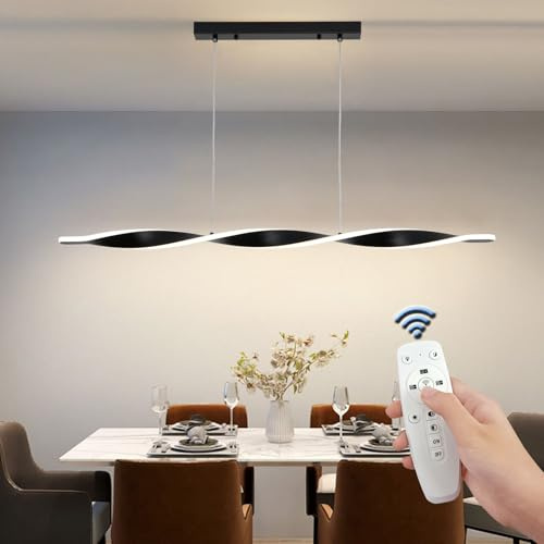 Linear LED Pendant Light, 47.2in Modern Dimmable Hanging Kitchen Island Lighting with Remote Control, 44W Black Ceiling Lamp Fixtures Hanging, Dining Room Chandelier Lighting for Living Room Bedroom