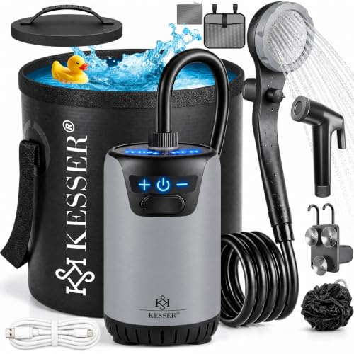 KESSER® Campingdusche Solardusche mit Pumpe & wiederaufladbarem Akku 8000mAh Mobile Dusche | Camping Dusche Set inkl. einstellbarem Duschkopf, 2m Schlauch, Sprühpistole & Halterung
