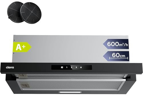 CIARRA CBCB6909A Cappa Aspirante Telescopica Integrata 60 cm 600m³/h, Classe A+ 3 Livelli di Potenza, Ricircolo con Filtro Carbone CBCF055, Nero