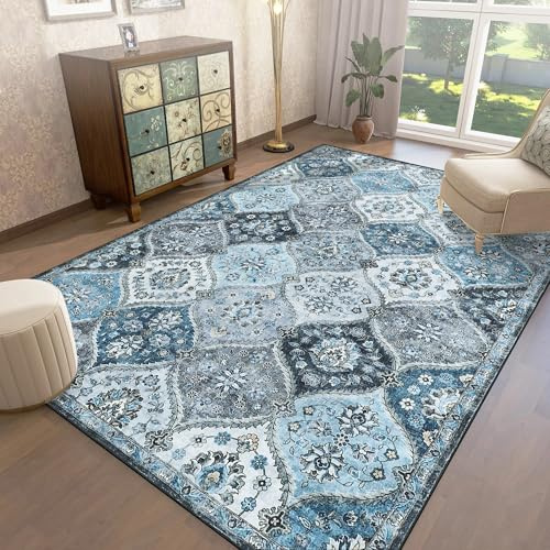 LuxFocus Teppich Wohnzimmer 160x230cm Vintage Blumen Kurzflor Grau Blau | Waschbarer Boho Teppich für Schlafzimmer Kinderzimmer Esszimmer Büro, Marokkanischer rutschfester floraler faltbarer
