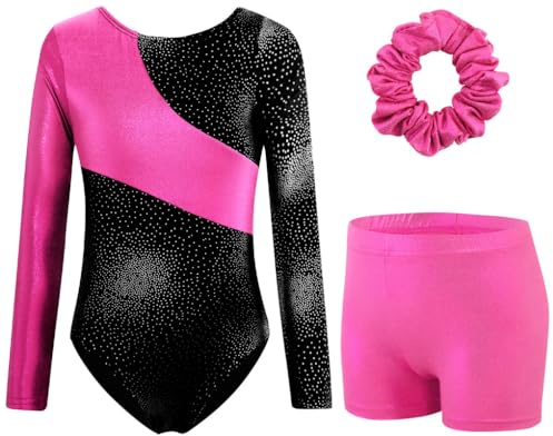 XiaoMoSha Girls Three-Piece Gymnastics Leotards Set Long Sleeve Leotards with Shorts and Hairband Sparkly Ballet Dance Unitards Gradient Color Gymnastics Outfits for Kids, RoseRedBlack, 4-5 Years