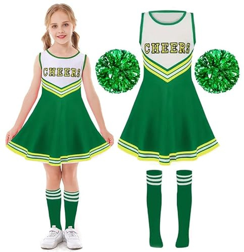 Amtum Cheerleader Outfit Kids Cheerleader Fancy Dress Uniform High SchoolWith Pom Poms Musical Uniform Outfit,Green-150cm
