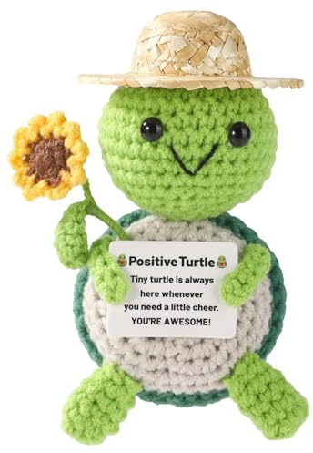 TOYMIS Positive Schildkröte, Süße Strohhut Sonnenblumen Häkelschildkröte mit Karte Positive Häkeltiere für Frauen und Männer Geburtstags Ermutigung