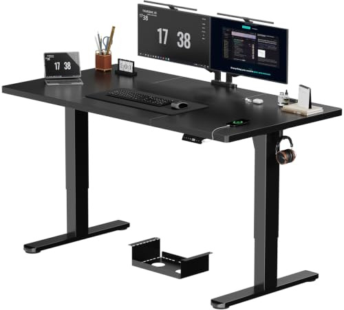 JUMMCIO Höhenverstellbarer Schreibtisch 160x80 cm, Stabiler Elektrischer Schreibtisch mit Vierteilige Tischplatte, Computertisch mit Memory Funktion,Standing Desk für Büro, Schwarz | 72-118cm Hub Stabiler Elektrischer Schreibtisch mit 2 Haken & Kabelmanagementbox, Standing Desk für Homeoffice&Büro, Schwarz