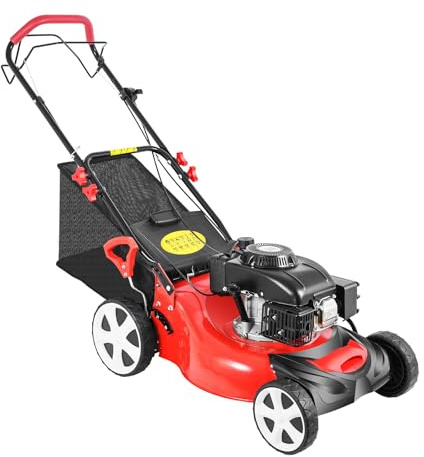 Mqwdxzfes Cortacésped autopropulsado de gasolina 5 CV, 140 cc, ancho de corte de 51 cm, 8 alturas, depósito de 1,6 L, saco de 60 L, motor de 4 tiempos, arranque por cable, 70 dB, máquina de cuidado