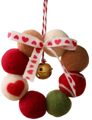 Handgefertigter Filz-Weihnachtskranz, Skandinavisches Design, 10 cm, Dunkelgrün-Rot mit Glocke (Rot)